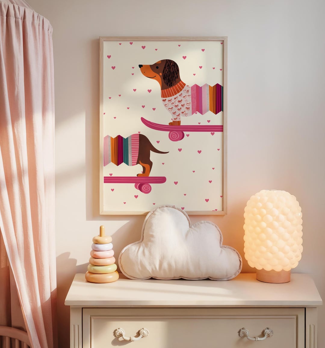 Pink Dog Wall Art Print, Puppy Poster, Girls Nursery Decor, Playful ...