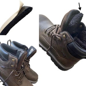 May include: A pair of brown leather boots featuring a dark brown padded collar, black laces, and metal eyelets. The interior is lined with black faux fur, and a removable black faux fur insole is shown separately with a tan backing.