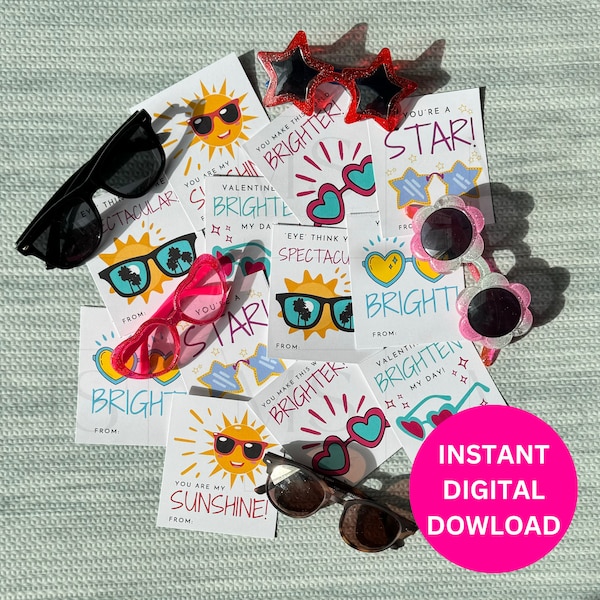 Sunglasses Valentines Digital Download - Sunglasses-Themed cards for Kids. School exchange. Instant download. Printable Valentines