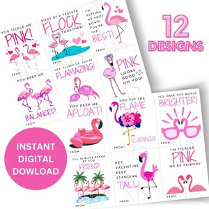 Kids Pink Flamingo Valentines Digital Download - Cute flamingo rosa para meninos e meninas. Troca de escola. Download instantâneo. Dia dos Namorados para impressão