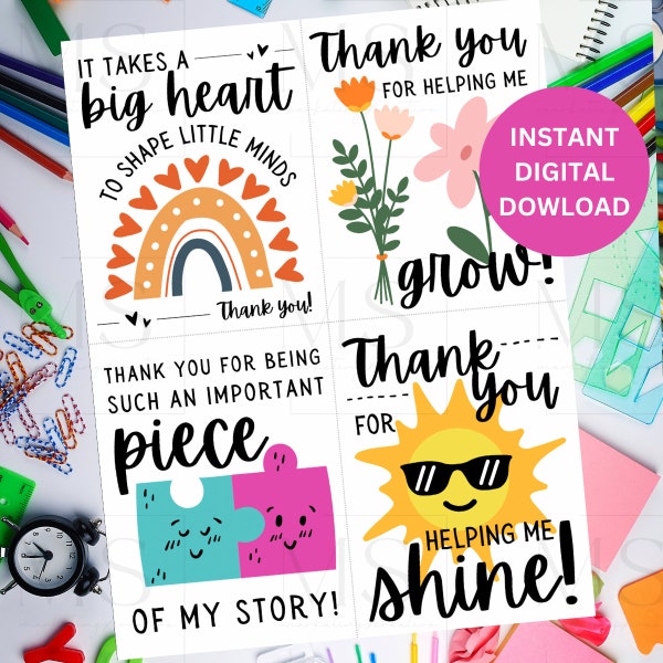 Teacher Appreciation Digital Download Cards - Daycare Provider Appreciation Cards. Cute Teacher cards. Instant download. Printable cards