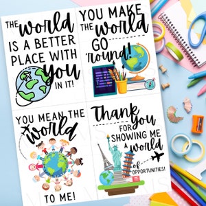 Teacher Appreciation Digital Download Cards - Around the World Theme. Cute Teacher cards. Instant download. Printable cards