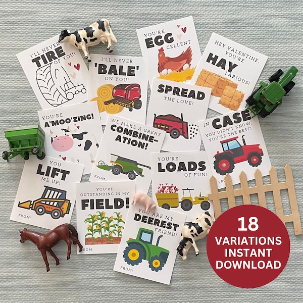 Kids Farm Valentines Digital Download - Cute farm animals for boys, girls. School exchange. Instant download. Printable Valentines