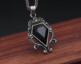 Romantic Goth Black Stone Necklace, Victorian Gothic Pendant, Dark Vampire Witchy Jewelry, Fantasy Black Stone Necklace