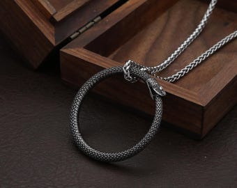Ouroboros Snake Necklace, Stainless Steel Geometric Pendant, Gothic Unisex Chain