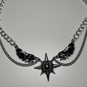 gothic necklace, black necklace, star necklace, winged angel pendant, gothic jewelry, dark angel wing, vampire aesthetic, grunge jewelry, chain necklace, dark aesthetic, statement necklace, edgy necklace, y2k jewelry