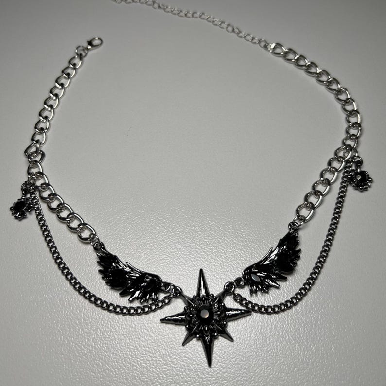 gothic necklace, black necklace, star necklace, winged angel pendant, gothic jewelry, dark angel wing, vampire aesthetic, grunge jewelry, chain necklace, dark aesthetic, statement necklace, edgy necklace, y2k jewelry