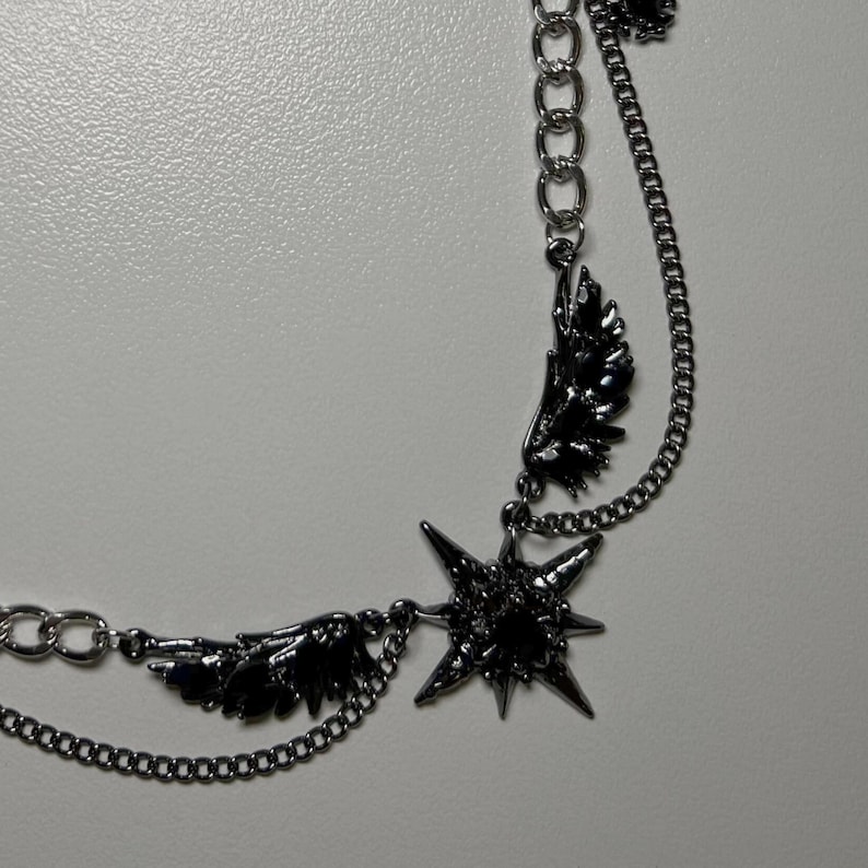 gothic necklace, black necklace, star necklace, winged angel pendant, gothic jewelry, dark angel wing, vampire aesthetic, grunge jewelry, chain necklace, dark aesthetic, statement necklace, edgy necklace, y2k jewelry