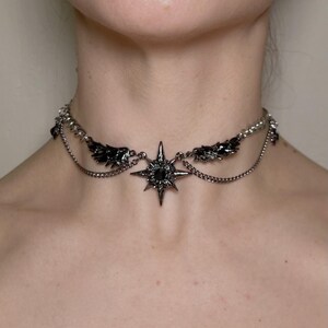 gothic necklace, black necklace, star necklace, winged angel pendant, gothic jewelry, dark angel wing, vampire aesthetic, grunge jewelry, chain necklace, dark aesthetic, statement necklace, edgy necklace, y2k jewelry