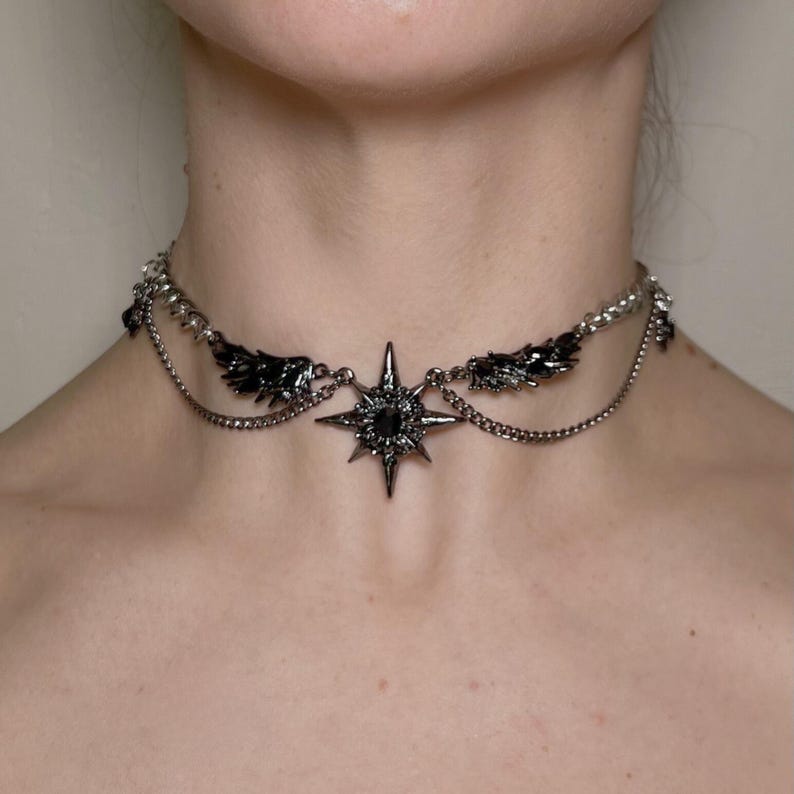 gothic necklace, black necklace, star necklace, winged angel pendant, gothic jewelry, dark angel wing, vampire aesthetic, grunge jewelry, chain necklace, dark aesthetic, statement necklace, edgy necklace, y2k jewelry