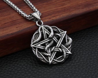 Ouroboros Snake Pentagram Necklace, Stainless Steel Gothic Pagan Jewelry