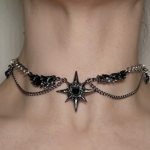gothic necklace, black necklace, star necklace, winged angel pendant, gothic jewelry, dark angel wing, vampire aesthetic, grunge jewelry, chain necklace, dark aesthetic, statement necklace, edgy necklace, y2k jewelry
