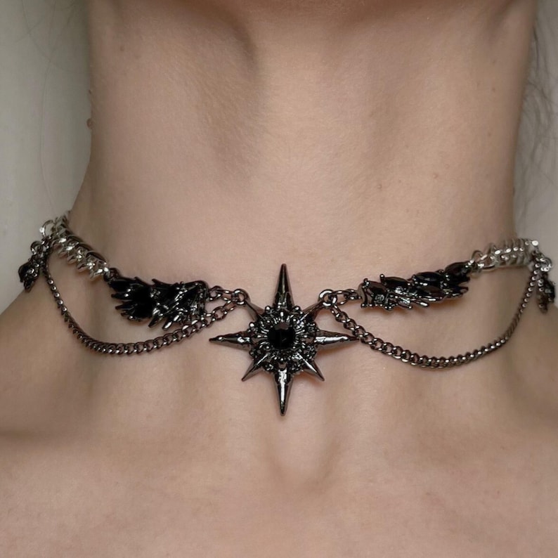 gothic necklace, black necklace, star necklace, winged angel pendant, gothic jewelry, dark angel wing, vampire aesthetic, grunge jewelry, chain necklace, dark aesthetic, statement necklace, edgy necklace, y2k jewelry