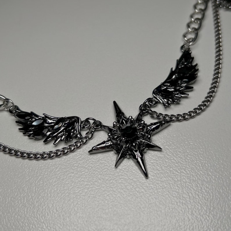 gothic necklace, black necklace, star necklace, winged angel pendant, gothic jewelry, dark angel wing, vampire aesthetic, grunge jewelry, chain necklace, dark aesthetic, statement necklace, edgy necklace, y2k jewelry