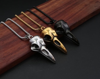 Gothic Raven Skull Necklace, Stainless Steel Bird Pendant, Dark Witchy Jewelry
