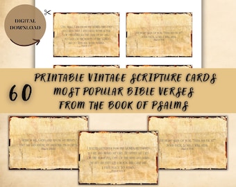 May include: Printable vintage scripture cards featuring 60 of the most popular Bible verses from the Book of Psalms. The cards have a distressed, aged paper background with brown text.