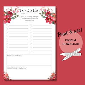 Druckbare christliche Checkliste christlicher Tagesplaner christlicher Organisator Glaubens-Tracker Herunterladbare christliche Aufgabenliste / rote Blume