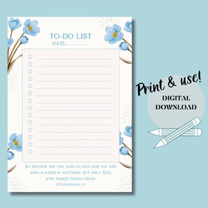Druckbare christliche Checkliste christlicher Tagesplaner christlicher Organisator Glaubens-Tracker Herunterladbare christliche Aufgabenliste / blaue Blume