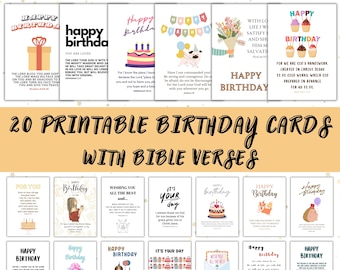 Juego de 20 tarjetas cristianas plegables con deseos bíblicos de cumpleaños. Regalo cristiano descargable para imprimir. Cumpleaños cristiano para imprimir.