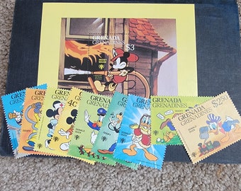 May include: A collection of eight vintage postage stamps featuring Disney characters Mickey Mouse, Donald Duck, and Goofy. The stamps are from Grenada and feature the text "GRENADA GRENADINES" and various denominations, including $3 and $250.