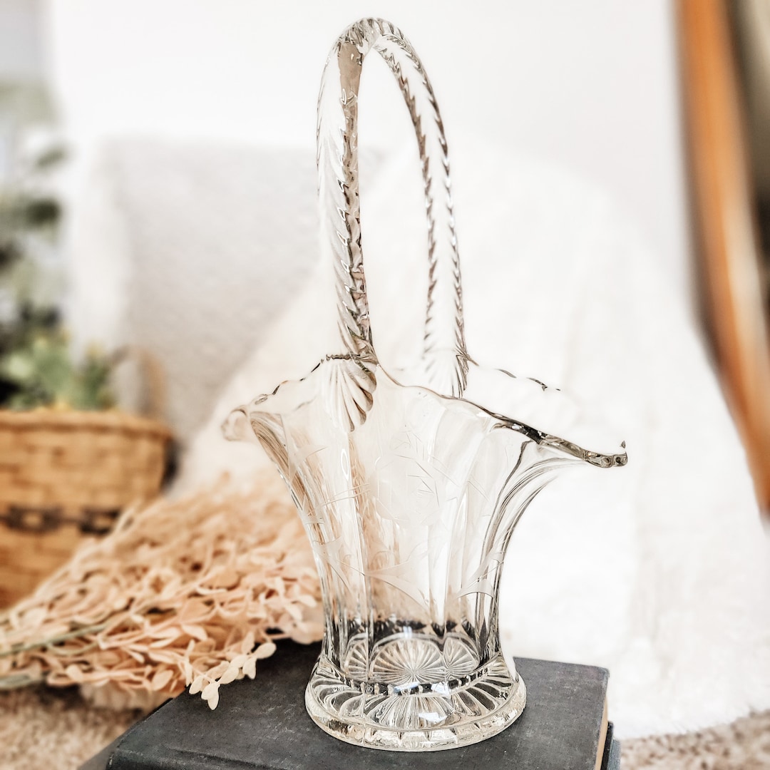 Vintage Clear Cut Glass Wedding Basket Vase Home Decor Etsy