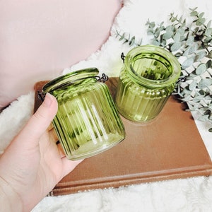Matching Green Glass Tea Light Holders | Home Decor Matching Tea Light Holders Candle Holders Green Jars Candle Holders Vintage Gift for Her