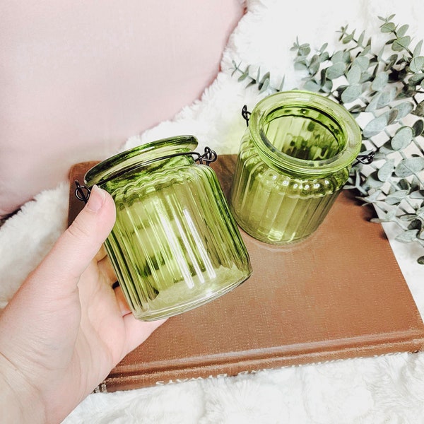 Matching Green Glass Tea Light Holders | Home Decor, Matching Tea Light Holders, Candle Holders, Green Jars, Jar Candle Holders, Vintage