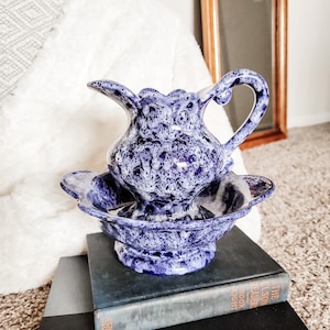 Vintage Blue & White Marbled Pitcher and Basin Set | Home Decor Kitchenware Vintage Pitcher and Basin Antiques Wedding Gifts for Her Gifts