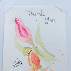 Carte de remerciement, tulipe et bouton de rose, avec écriture, aquarelle originale, 7 x 5 pouces avec enveloppe