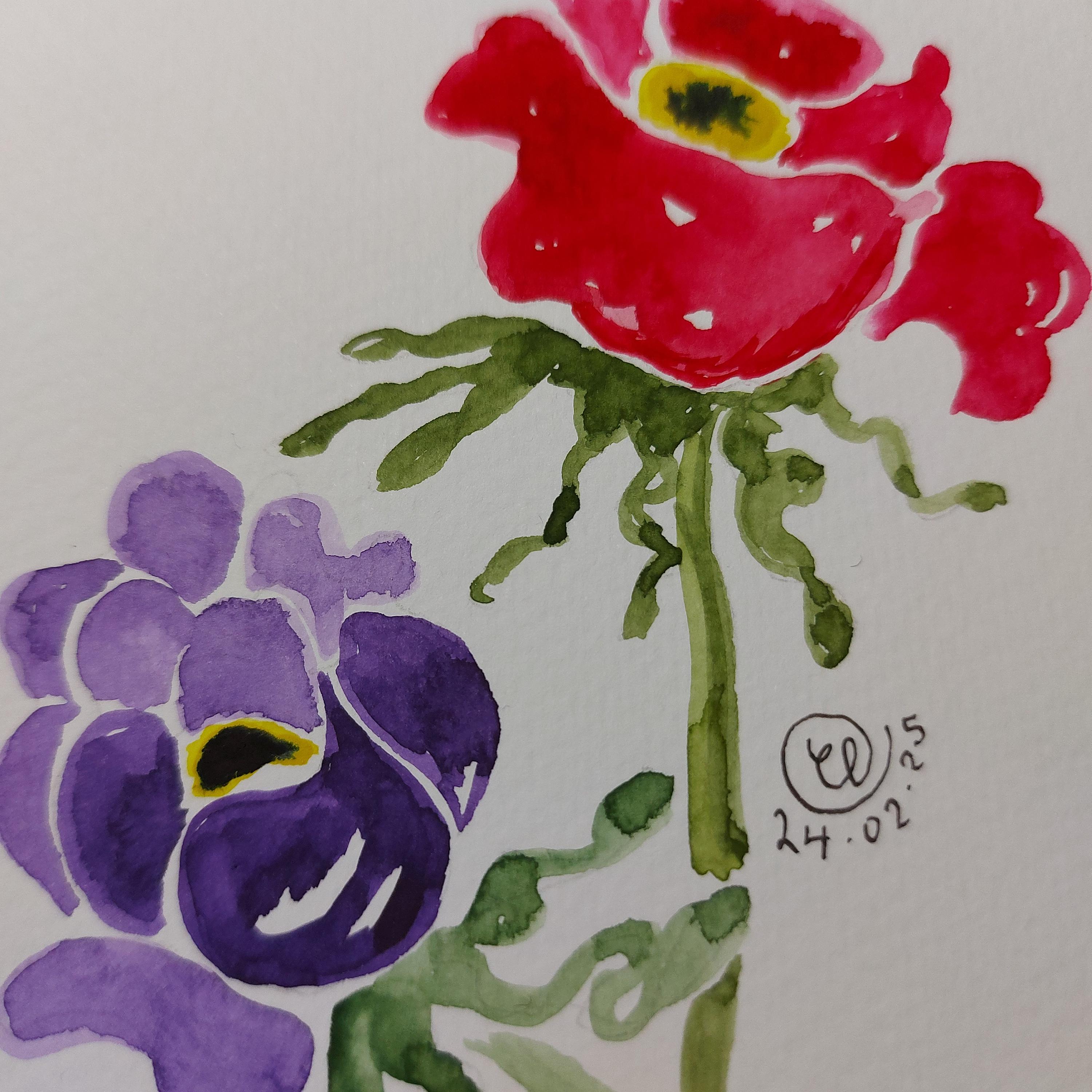 鮮やかなアネモネの花4枚セット、オリジナル水彩画、額装なし、各6 x 4