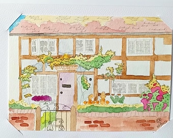 Tarjeta en blanco para cualquier ocasión, Una casa de campo inglesa, 18 x 13 cm aprox., con sobre, acuarela original.