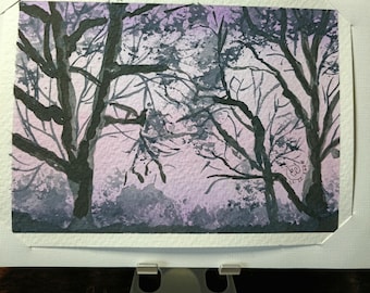 Tarjeta original de acuarela "Bosque al amanecer", mensaje en blanco, 20 x 15 cm, con sobre