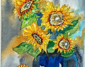 Acuarela, Girasoles en una jarra, A4 30 x 21 cm, pintura, original, no una impresión