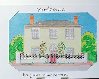 Original New Home hand-painted watercolour card , 5x7 inches, with envelope