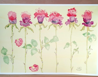 Pintura original de acuarela Delicias de Rosas, A3, 40 x 28 cm