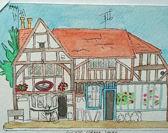 Tienda rural Tudor original, tarjeta pintada a mano con acuarela, 5x7 pulgadas, con sobre.