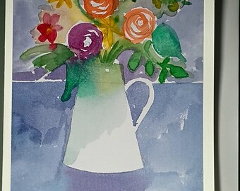 Tarjeta de felicitación para cualquier ocasión, Jarra de flores variadas, 6 x 8 pulgadas, acuarela original