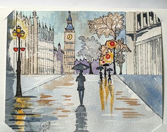 Tarjeta original de acuarela para un día lluvioso en Londres, mensaje en blanco, 20 x 15 cm, con sobre.