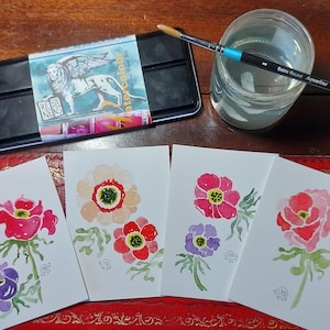 Conjunto de 4 flores de anémona vibrantes, acuarelas originales, sin montar, 6 x 4 pulgadas cada una, sin marco