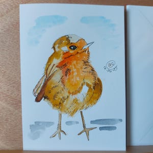Biglietto d'auguri vuoto, acquerello originale, "Fluffy Robin", 5 x 7 pollici (127 x 178 mm) con busta