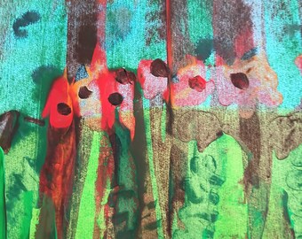 Pintura acrílica abstracta original "Amapolas en el bosque" 15x11 pulgadas
