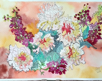 Acuarela original de peonías, 31 x 21 cm