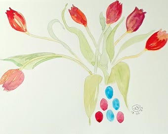 Tulipanes originales en un jarrón 2, acuarela: arte floral para pared, firmada, 28,5 x 21 cm