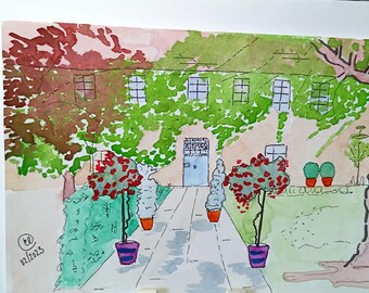 Tarjeta original en blanco pintada a mano con acuarela, Una casa de campo, 5x7 pulgadas, con sobre.