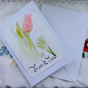 Danke Grußkarte, Rosa Tulpe mit Umschlag, original Aquarell, 18 x 13 Zoll, Künstler signiert