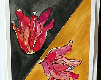 Acuarela original, lirios, tarjeta de felicitación en blanco, 8 x 6 pulgadas, con sobre.