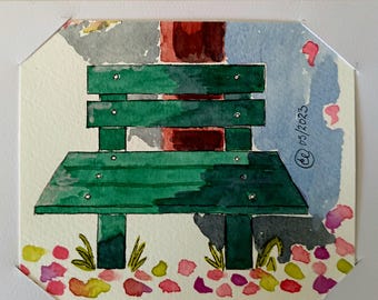 Tarjeta de felicitación para cualquier ocasión, Banco, 5 x 7 pulgadas, acuarela original