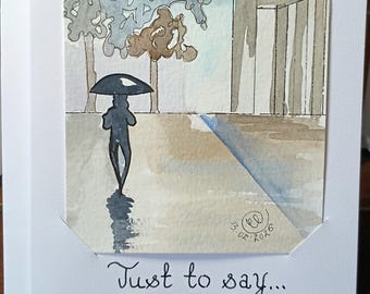 Tarjeta original pintada a mano con acuarela, "Solo para decir... Un día lluvioso en Londres", 5x7 pulgadas, con sobre.