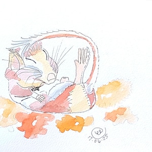 Blank Greeting Card,  original watercolour, "Sleeping Dormouse", 5x7 in, (127x178mm) with envelope