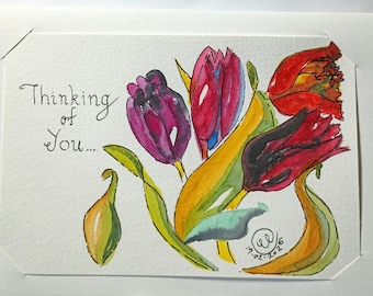 Tarjeta original de acuarela "Pensando en ti", mensaje en blanco, 8 x 6 pulgadas, con sobre